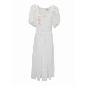 elli white textured white midi dress with short puff sleeves and square neckline